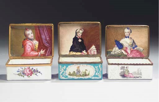 (3)  Three German enamel gilt-metal-mounted rectangular snuffboxes