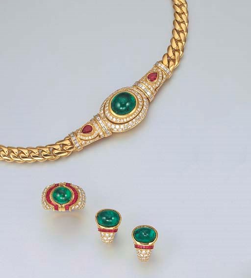 A SUITE OF EMERALD, RUBY AND DIAMOND JEWELLERY, BY BULGARI