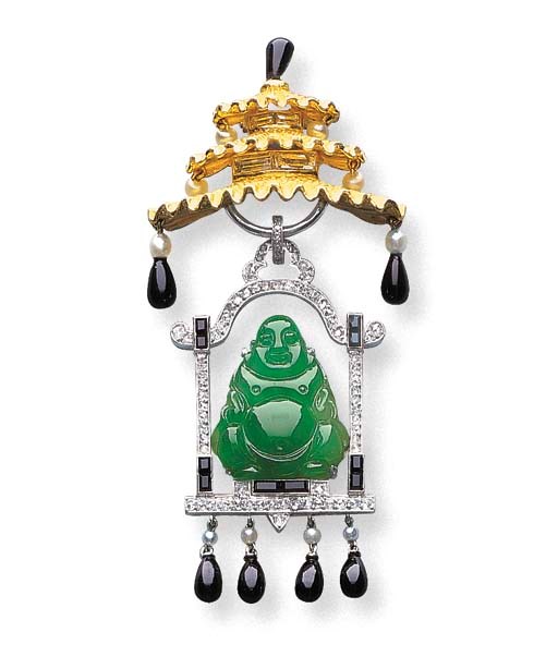 A JADEITE BUDDHA, DIAMOND, ONYX AND PEARL "TEMPLE" CLIP BROOCH