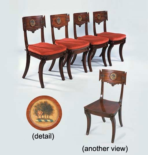 A SET OF FOUR REGENCY MAHOGANY HALL CHAIRS