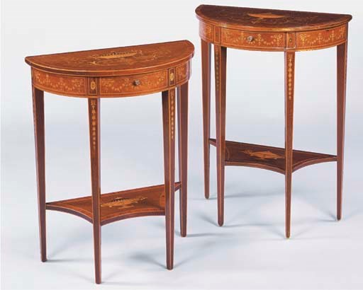 TWO SIMILAR EDWARDIAN MAHOGANY AND MARQUETRY DEMI-LUNE SIDE TABLES