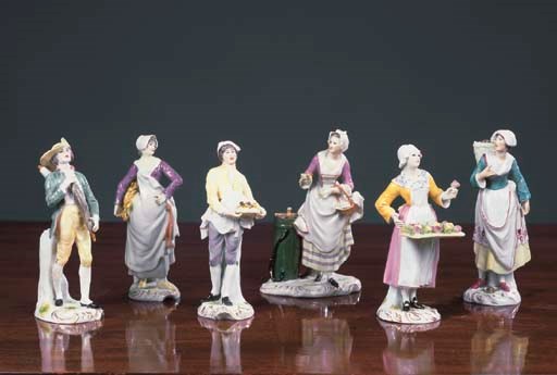 Six German porcelain figures of street vendors