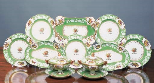 A Spode crested green-ground part dessert service