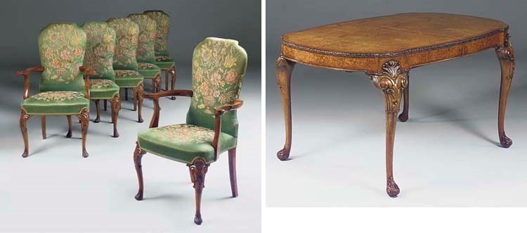 A BURR WALNUT AND WALUT DINING SUITE