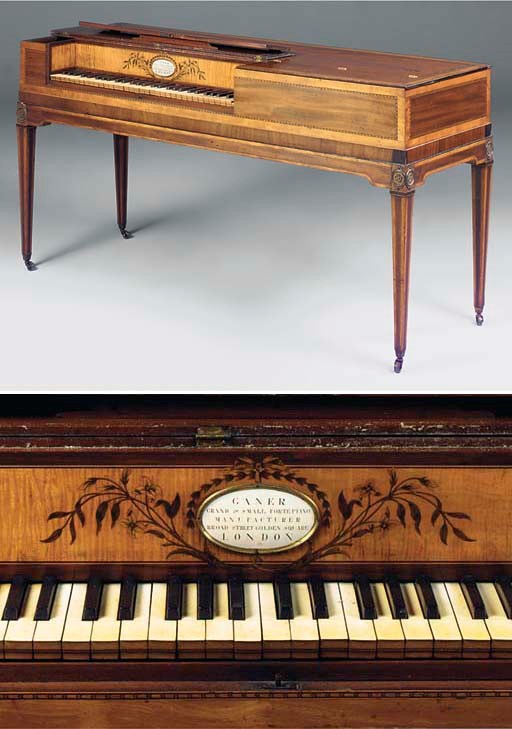 A GEORGE III MAHOGANY SATINWOOD AND CHEQUER BANDED SQUARE PIANO