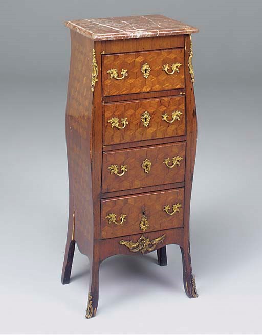 A CONTINENTAL KINGWOOD MARQUETRY AND PARQUETRY MARBLE TOP PETIT COMMODE