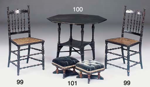 A PAIR OF LATE VICTORIAN AESTHETIC EBONISED AND CANED SIDE CHAIRS