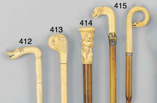 A Continental carved ivory knopped malacca walking stick