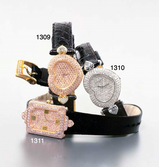 GRAFF. A LADY'S 18K PINK GOLD, PINK AND WHITE DIAMOND-SET HEART-SHAPED WRISTWATCH