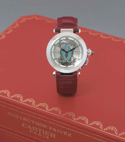 CARTIER. A FINE AND RARE 18K WHITE GOLD TOURBILLON WRISTWATCH