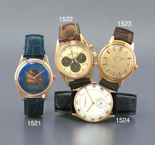 UNIVERSAL. AN 18K PINK GOLD SELF-WINDING WRISTWATCH WITH SWEEP CENTRE SECONDS AND CLOISONNE ENAMEL DIAL