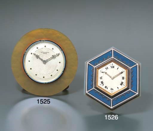 GUILLERMIN. AN 18K GOLD, AGATE, ENAMEL AND DIAMOND-SET TIMEPIECE