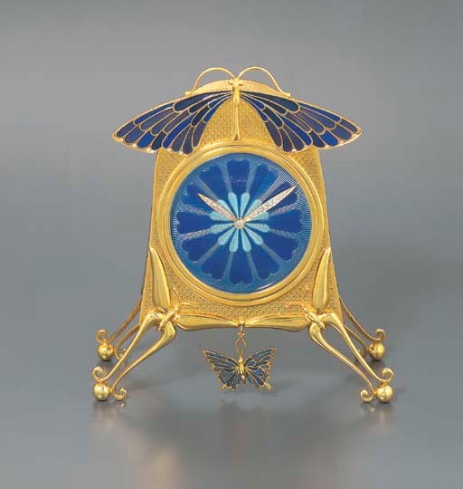 ASPREY. AN 18K GOLD, ENAMEL AND DIAMOND-SET TIMEPIECE IN THE ART NOUVEAU STYLE