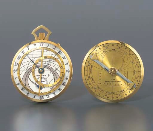 GUBELIN. A UNIQUE 18K GOLD DOUBLE DIALLED ASTROLABEUM WATCH WITH CALENDAR AND PHASES OF THE MOON, SET FOR THE LATITUDE OF LUCERNE