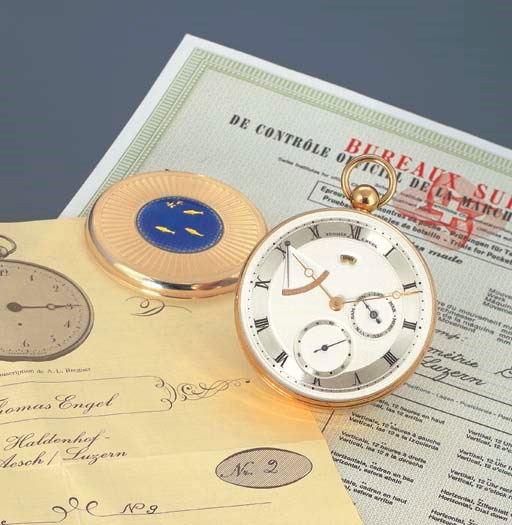 THOMAS ENGEL. A FINE AND UNUSUAL 18K GOLD OPENFACE KEYLESS LEVER WATCH WITH POWER RESERVE, THERMOMETER, DAY OF WEEK AND BOW WINDING AND SETTING MECHANISM