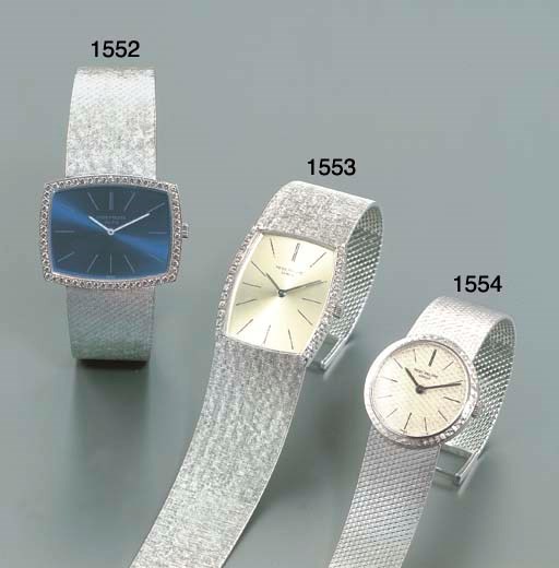 PATEK PHILIPPE. AN 18K WHITE GOLD AND DIAMOND-SET RECTANGULAR WRISTWATCH WITH BRACELET
