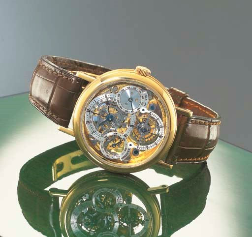 BREGUET. A FINE AND RARE 18K GOLD SKELETONISED PERPETUAL CALENDAR TOURBILLON WRISTWATCH WITH RETROGRADE DATE