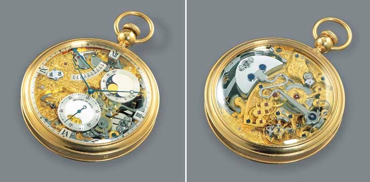 BREGUET. A FINE 18K GOLD SEMI-SKELETONISED KEYLESS LEVER DECK WATCH WITH DATE, POWER RESERVE AND PHASES OF THE MOON
