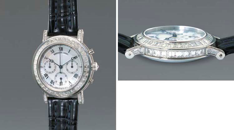 BREGUET. A FINE AND RARE PLATINUM AND DIAMOND-SET SELF-WINDING CHRONOGRAPH WRISTWATCH WITH DATE AND MOTHER-OF-PEARL DIAL