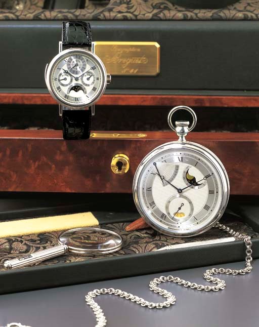 BREGUET. AN IMPORTANT AND RARE LIMITED EDITION SET OF PLATINUM SOUSCRIPTION WATCHES, COMPRISING A MINUTE REPEATING PERPETUAL CALENDAR WRISTWATCH WITH PHASES OF THE MOON AND A SELF-WINDING OPENFACE KEYLESS LEVER WATCH WITH INSTANTANEOUS CALENDAR, POWER RESERVE AND PHASES OF THE MOON