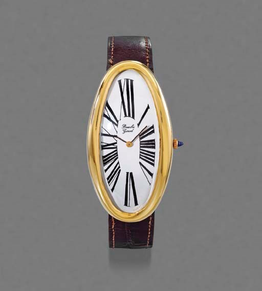 Bueche-Girod. An 18K gold oversized oval curved wristwatch