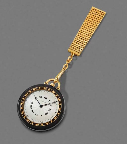 Cartier. A fine and rare 18K gold and black onyx openface keyless lever fob watch