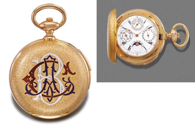 Haas. A fine, rare and heavy 18K gold and enamel hunter case quarter repeating perpetual calendar watch with phases of the moon and Haas patented cover winding system