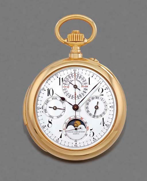 Golay-Leresche. A fine 18K gold openface minute repeating perpetual calendar keyless lever chronograph watch with phases of the moon