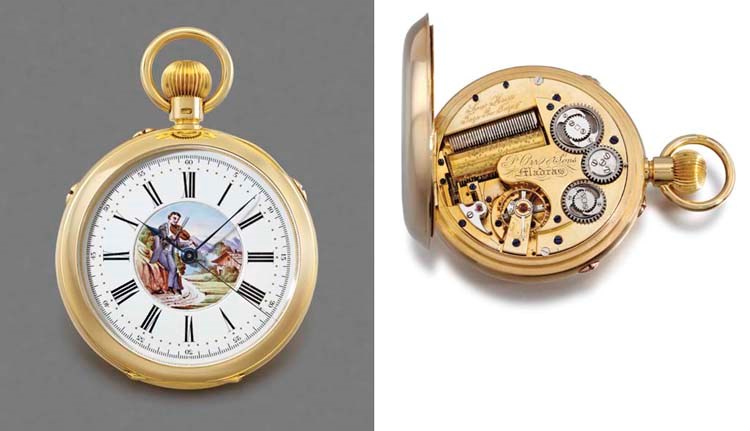 Reuge and Orr & Sons. A fine and unusual 18K gold openface two-train independent centre seconds keyless lever watch with musical automaton, made for the Indian Market