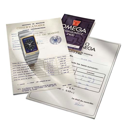 Omega. A stainless steel and gilt rectangular wristwatch with sweep centre seconds, date and bracelet