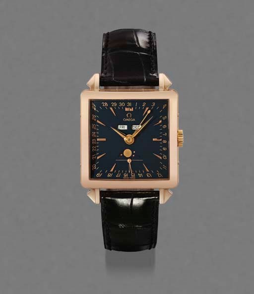 Omega. A fine and rare 18K pink gold limited edition square self-winding full calendar wristwatch with phases of the moon