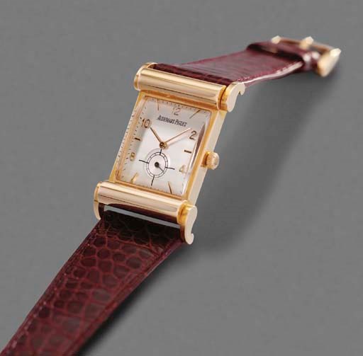 Audemars Piguet. An unusual 18K pink gold rectangular wristwatch with hooded lugs