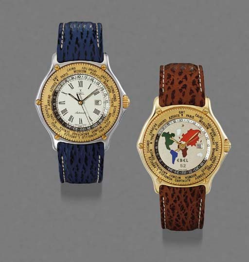 Ebel. A lot of one 18K gold and enamel and one stainless steel and gold self-winding World Time wristwatches with sweep centre seconds and dates