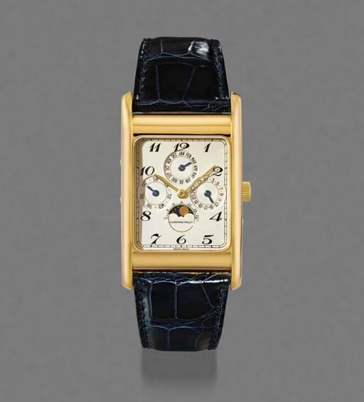 Audemars Piguet. A fine 18K gold rectangular perpetual calendar wristwatch with phases of the moon