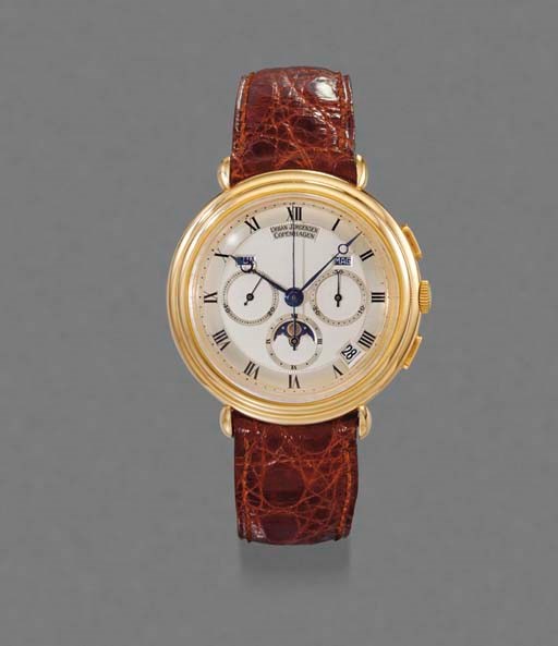Urban Jürgensen. A fine 18K gold self-winding waterproof full calendar chronograph wristwatch with phases of the moon