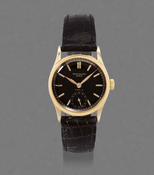 Patek Philippe. A fine 18K gold wristwatch with black dial