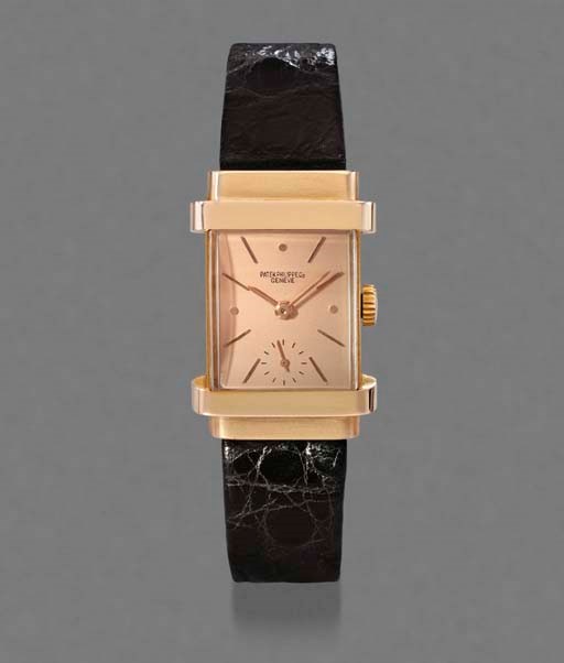 Patek Philippe. A fine 18K pink gold rectangular wristwatch