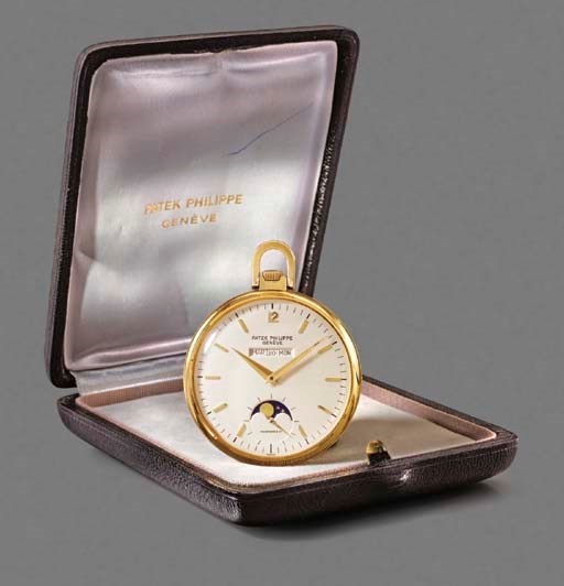 Patek Philippe. A fine 18K gold openface perpetual calendar keyless lever watch with phases of the moon