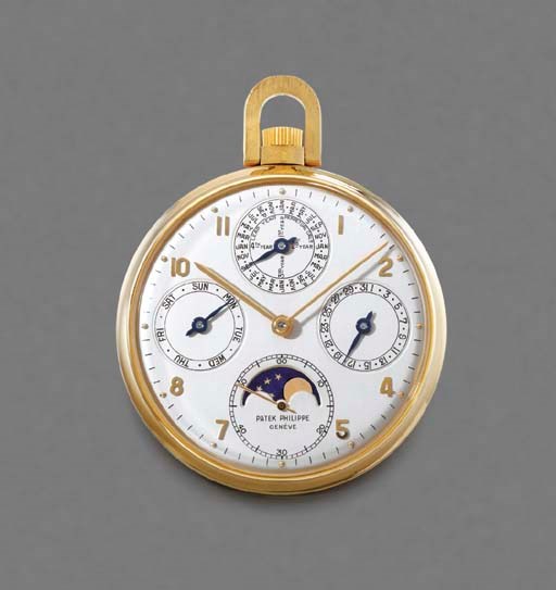 Patek Philippe. A fine and rare 18K gold openface keyless lever perpetual calendar watch with phases of the moon
