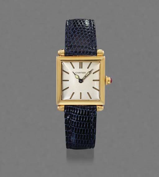 Cartier. A very fine and rare 18K gold square wristwatch