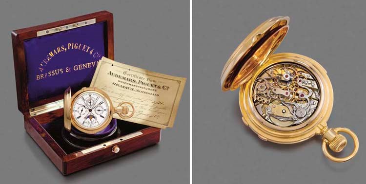 Audemars Piguet. An exceptionally fine and rare 18K pink gold hunter case minute repeating perpetual calendar split seconds chronograph keyless lever watch with phases of the moon