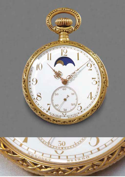 Breguet. A fine and unusual 18K gold openface minute repeating keyless lever watch with phases of the moon and decorated case