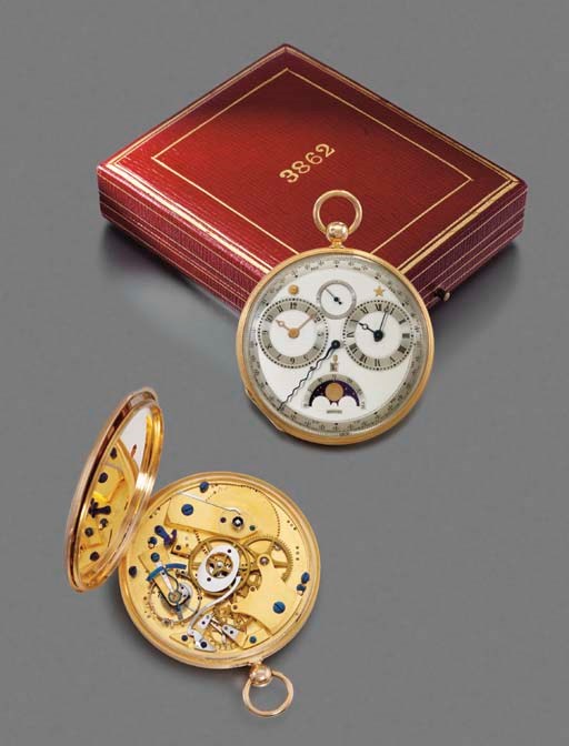 Breguet. An extremely important and unique 18K gold openface perpetual calendar keywound lever watch with phases of the moon and equation of time