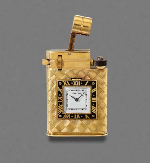 Cartier. An unusual 18K gold and enamel lighter watch