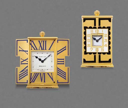 Cartier. A fine and unusual 18K gold and enamel miniature travel clock