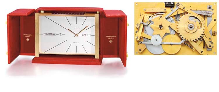Patek Philippe. A very fine and rare gilt brass rectangular solar-powered perpetual calendar desk clock