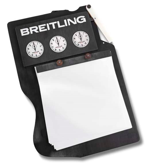 Breitling. A timing board with three stainless steel openface keyless lever chronograph watches