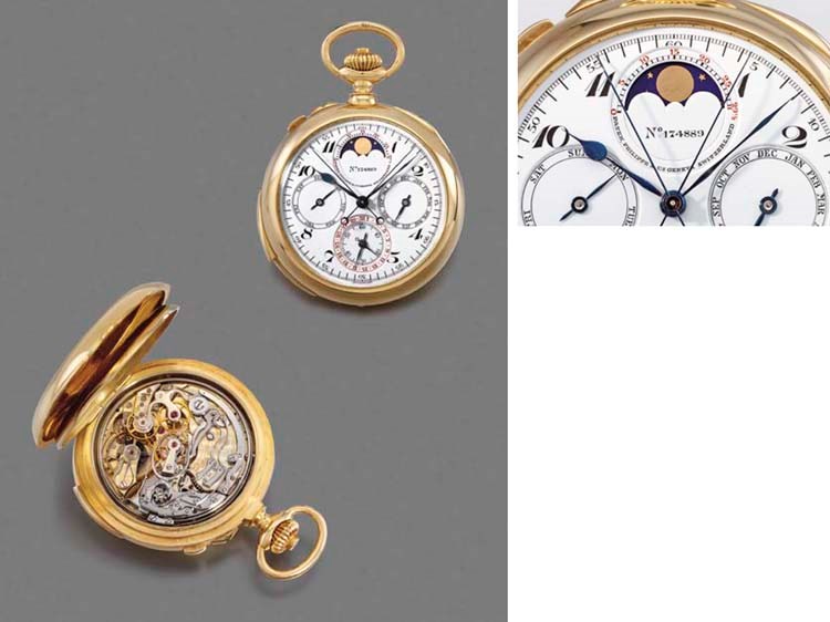 Patek Philippe. A very fine and rare 18K gold openface minute repeating perpetual calendar split seconds chronograph keyless lever watch with phases of the moon