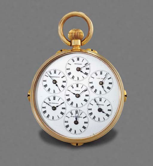 Swiss. A fine and rare 18K gold double dial full calendar World Time keyless lever watch with phases of the moon