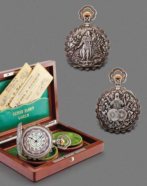 Ulysse Nardin. A highly unusual, heavy and unique silver hunter case keyless lever watch with Bulletin de Marche, probably made for the Paris World Exhibition in 1889